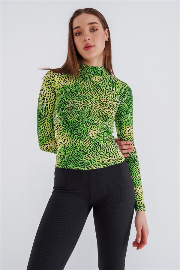 Leopar Desenli Dik Yaka Bluz Yeşil