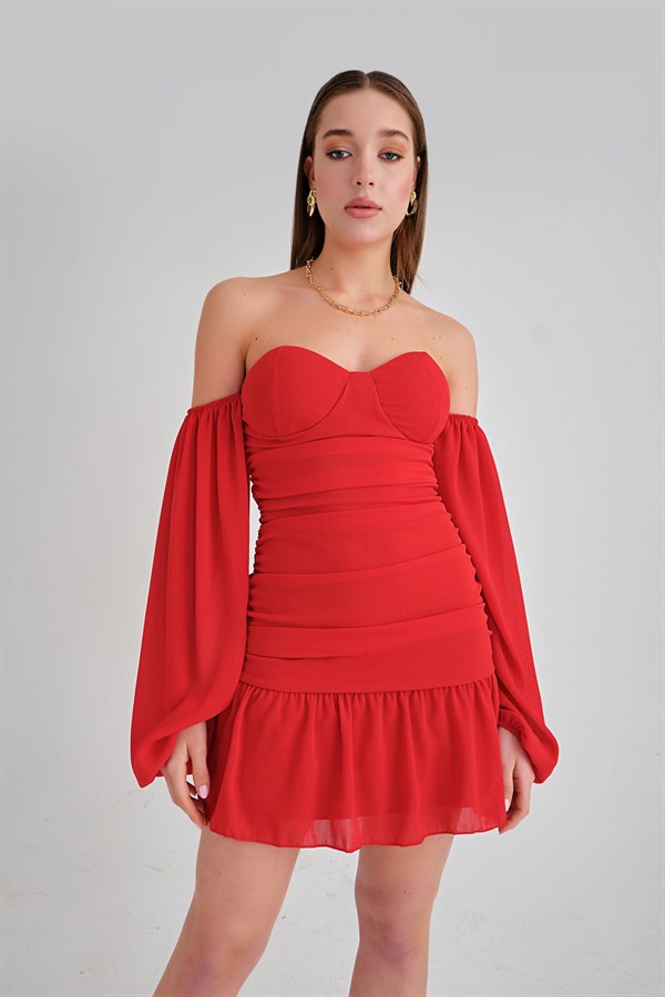Balon Kol Büzgülü Amber Elbise Kırmızı