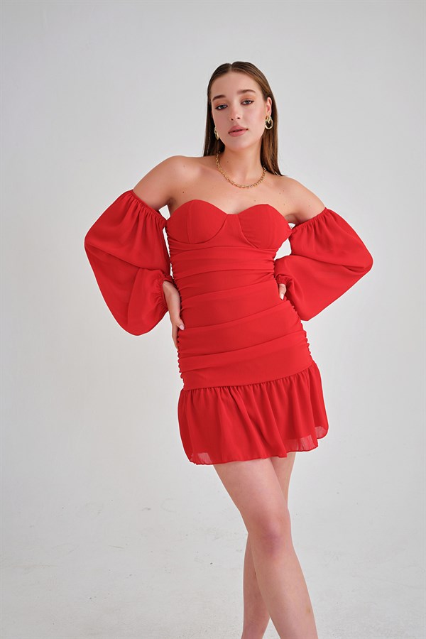 Balon Kol Büzgülü Amber Elbise Kırmızı