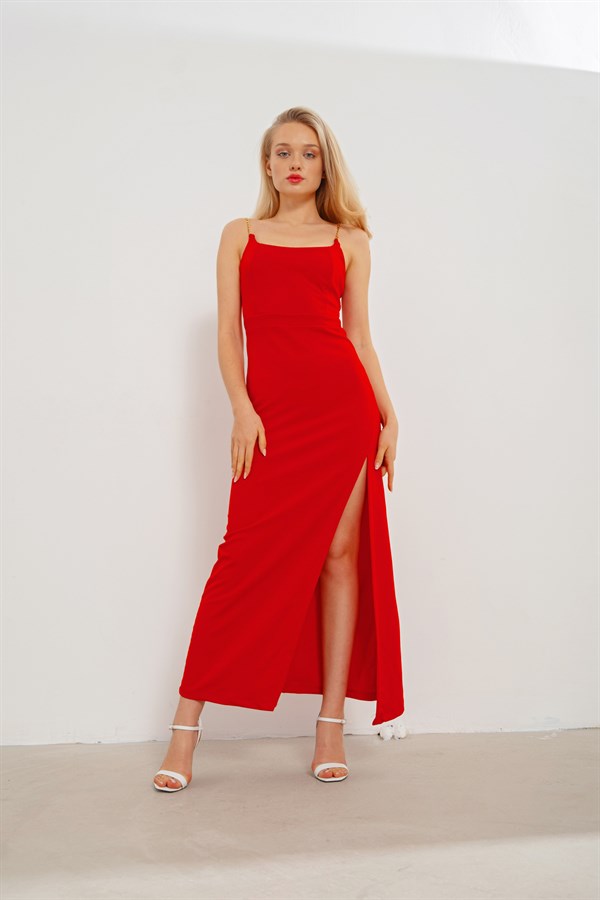 Chain Deep Yırtmaçlı Elbise Kırmızı