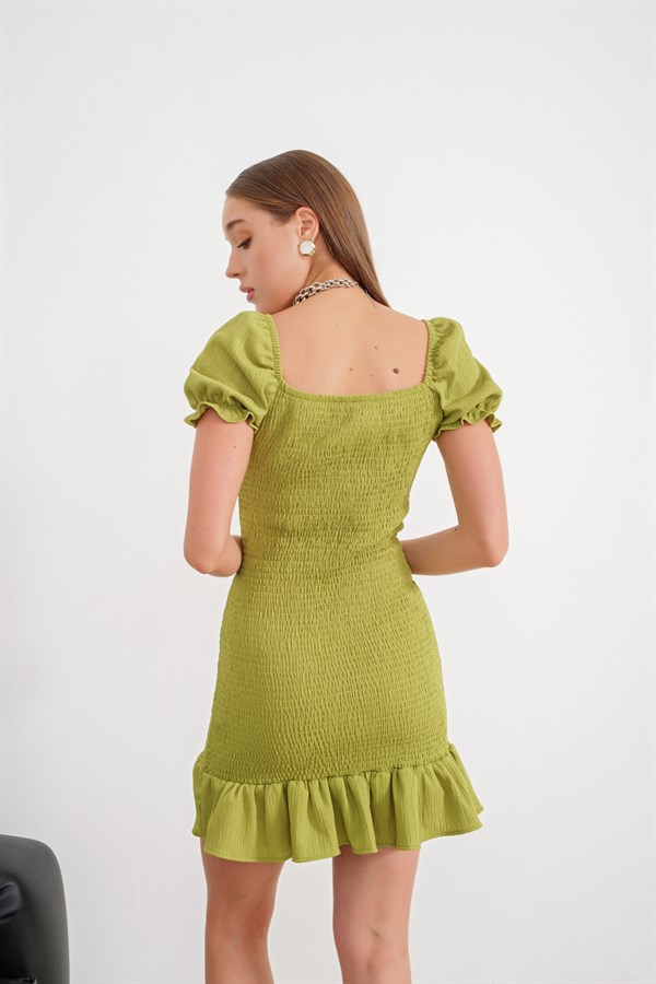 Gipe Detay Volanlı Elbise Fıstık Yeşili