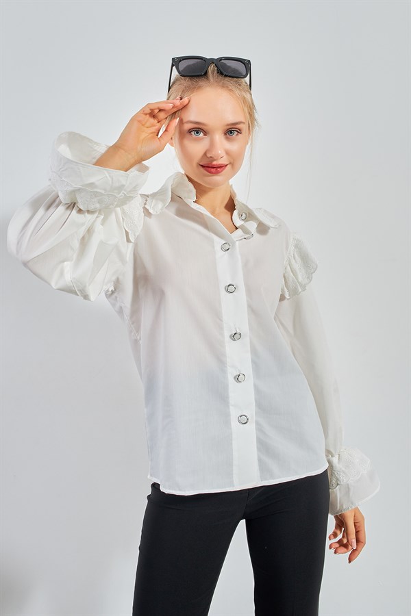 Kol Büzgülü Vintage Gömlek Beyaz