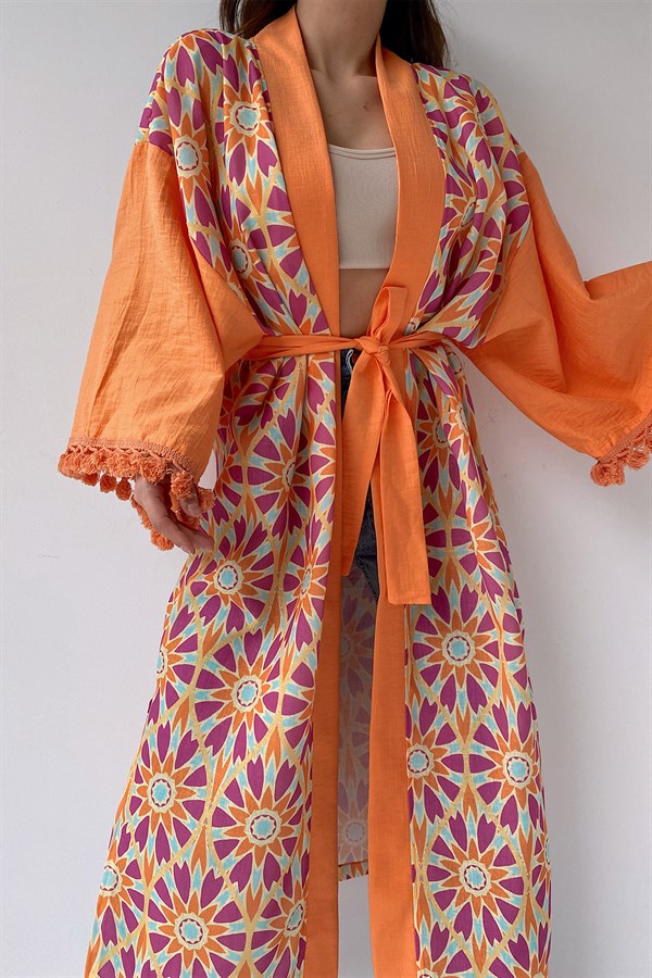 Kuşaklı Sunflower Kimono Oranj