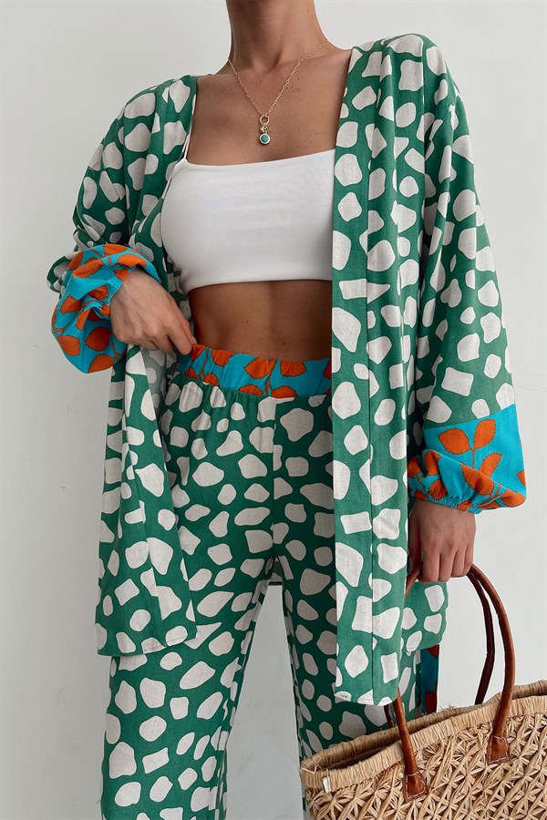 Benekli Colorful Kimono Takım Yeşil