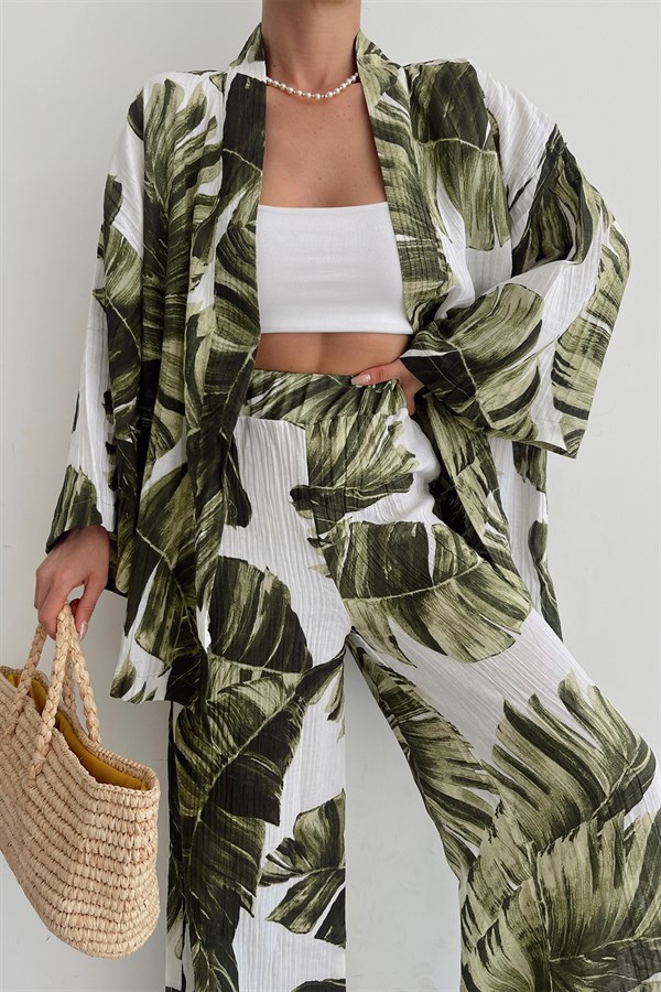 Yaprak Desenli Pantolon Kimono Takım Yeşil