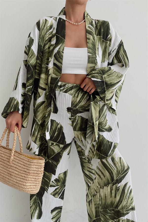 Yaprak Desenli Pantolon Kimono Takım Yeşil