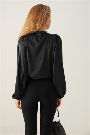 Luxury Bağlamalı Saten Bluz Siyah