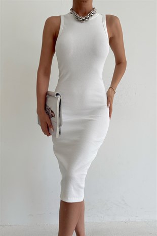 Halter Yaka Triko Elbise Beyaz