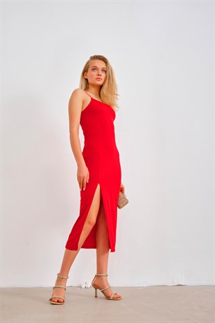 İp Askılı Yırtmaçlı Natalie Elbise Kırmızı