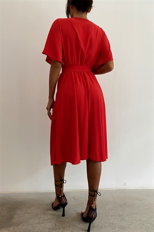 Kruvaze Kemerli Salaş Elbise Kırmızı