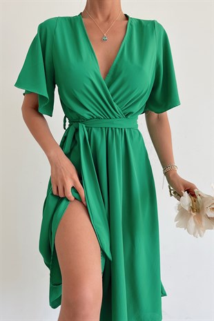 Kruvaze Kemerli Salaş Elbise Yeşil