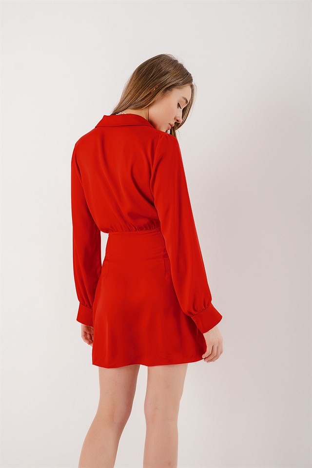 Kruvaze Valeria Saten Elbise Kırmızı