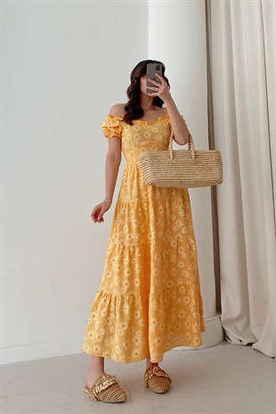 Papatya Desenli Elbise Sarı