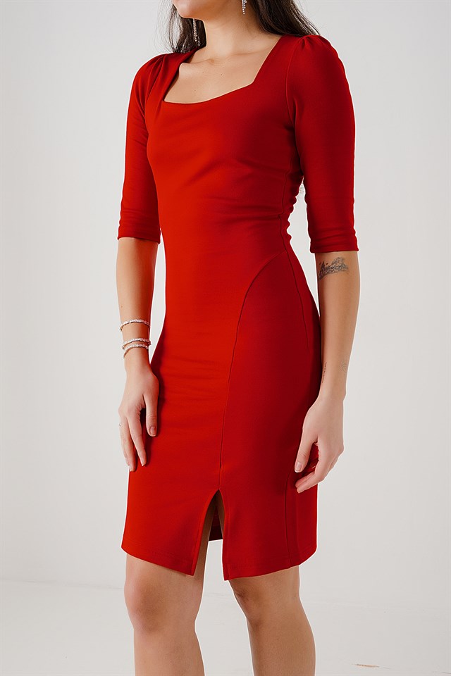Yırtmaçlı Diana Kalem Elbise Kırmızı