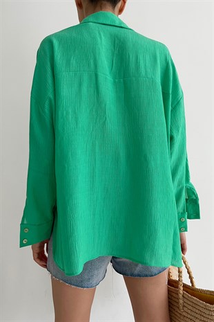 Deniz Kabuğu İşlemeli Keten Gömlek Yeşil