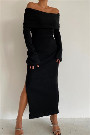 Triko Yırtmaçlı Carmen Elbise Siyah
