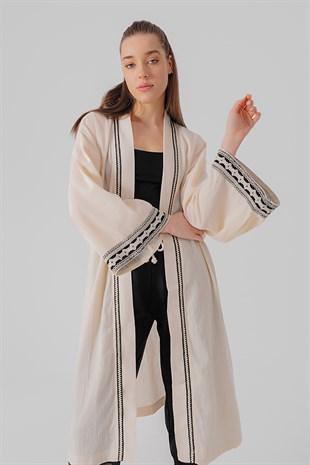 Etnik Detay Keten Kimono Taş