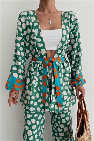 Benekli Colorful Kimono Takım Yeşil