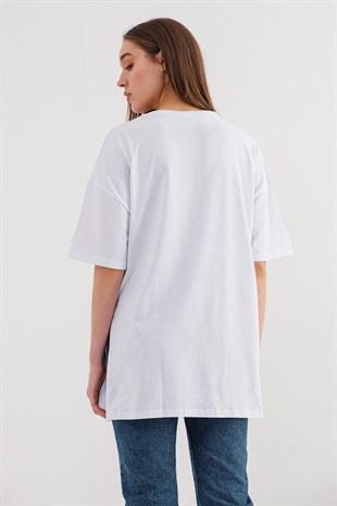 Yırtmaçlı Basic Tshirt Beyaz