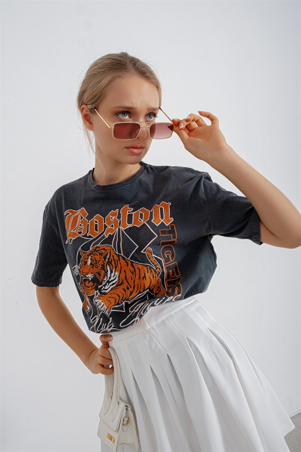 Boston Tigers Yıkamalı Tshirt Füme